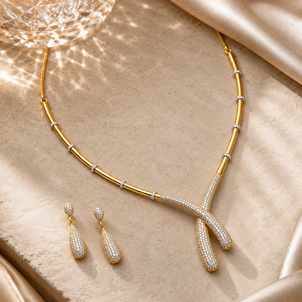 Gold & Silver Plated CZ Artistic Curve Necklace Set