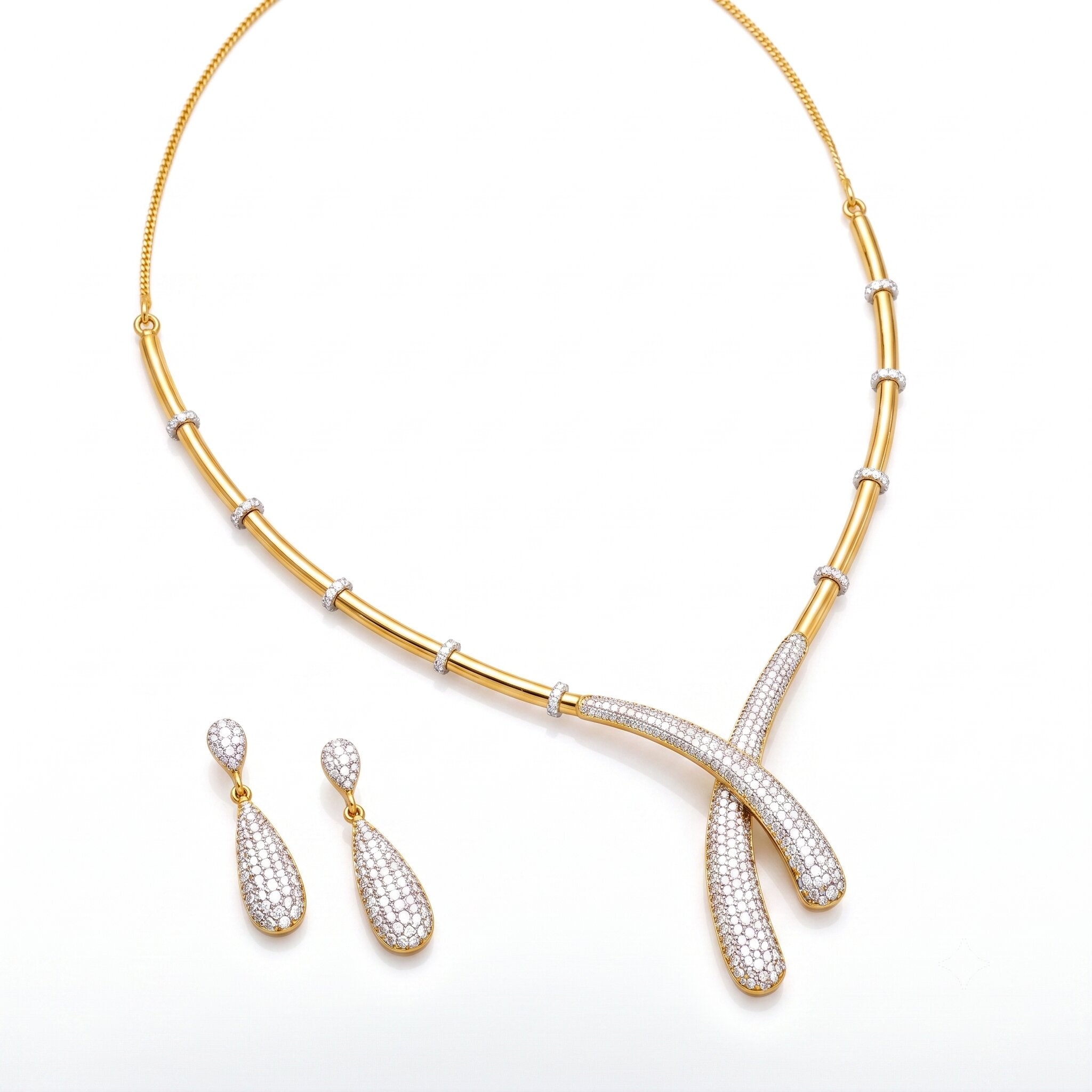 Gold & Silver Plated CZ Artistic Curve Necklace Set