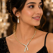 Gold & Silver Plated CZ Artistic Curve Necklace Set