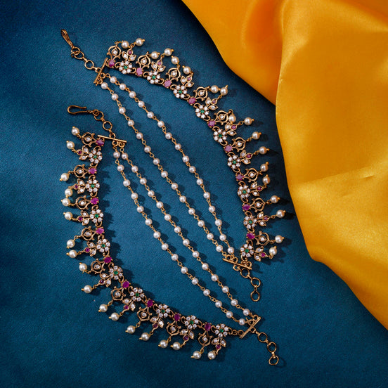 Mehendi Plated Pearl Stone Floral Kaan Chain