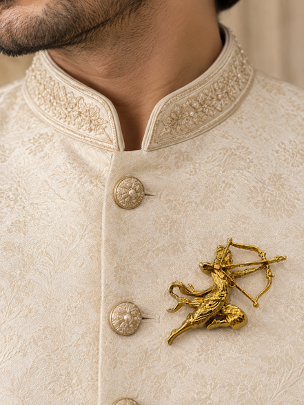 Gold Plated Lord Rama Brooch with Bow & Arrow Designer Religious Motif