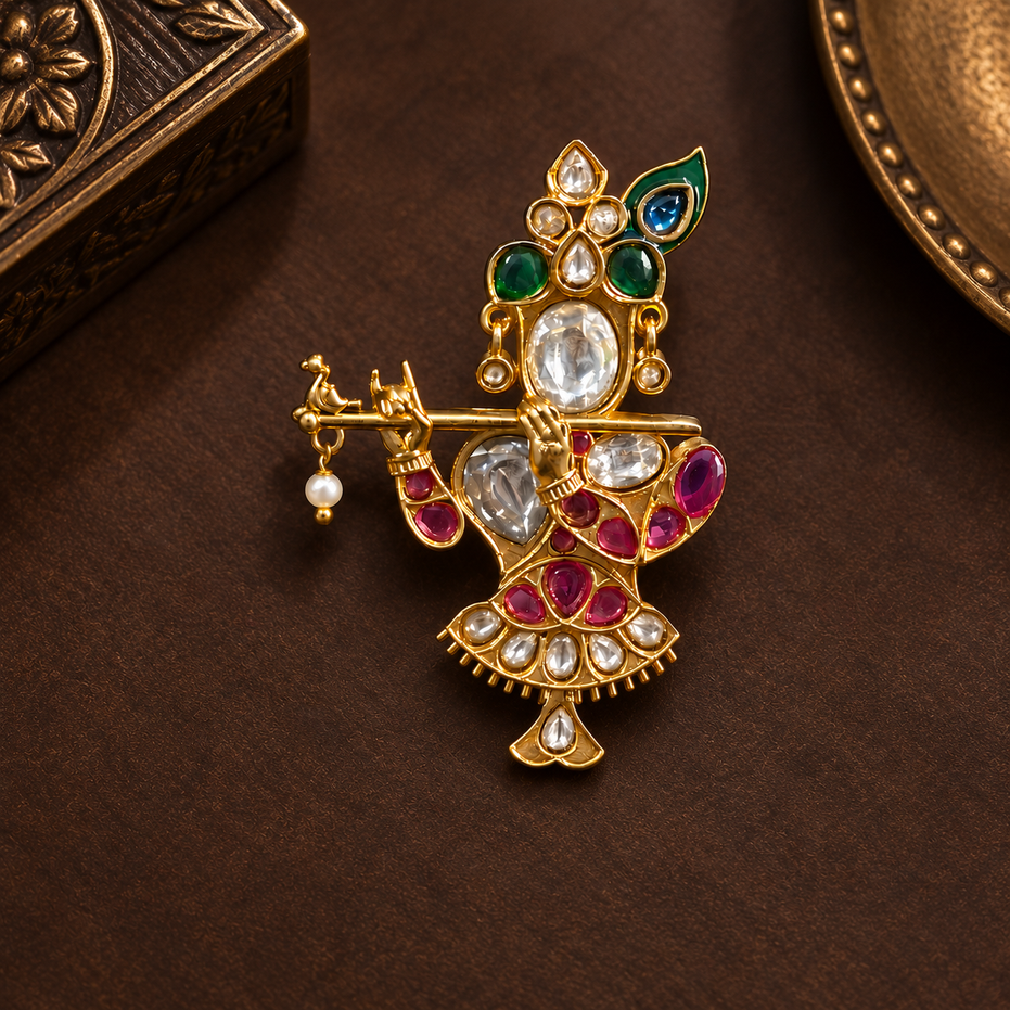 Traditional Krishna Motif Multicolor Kundan Brooch