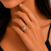 Gold Plated Crystal Stone Work with Intricate Floral Openwork Pattern Designer Statement Ring ,