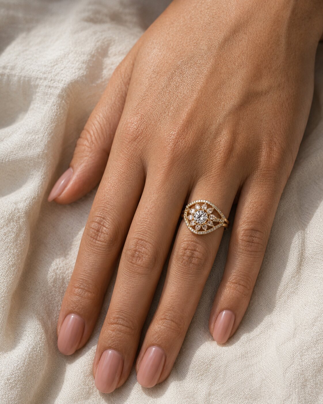 Gold Plated Crystal Stone Work with Intricate Floral Openwork Pattern Designer Statement Ring ,