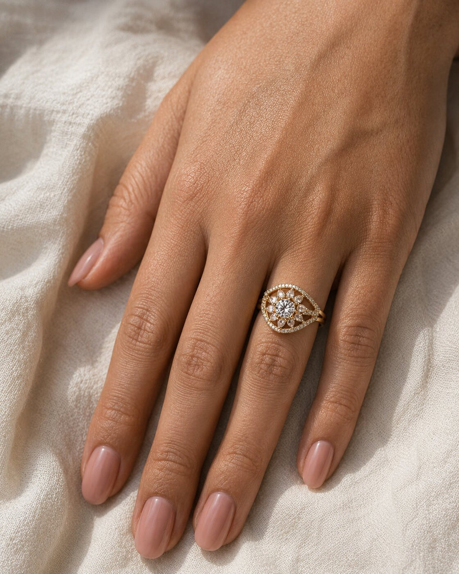 Gold Plated Crystal Stone Work with Intricate Floral Openwork Pattern Designer Statement Ring ,