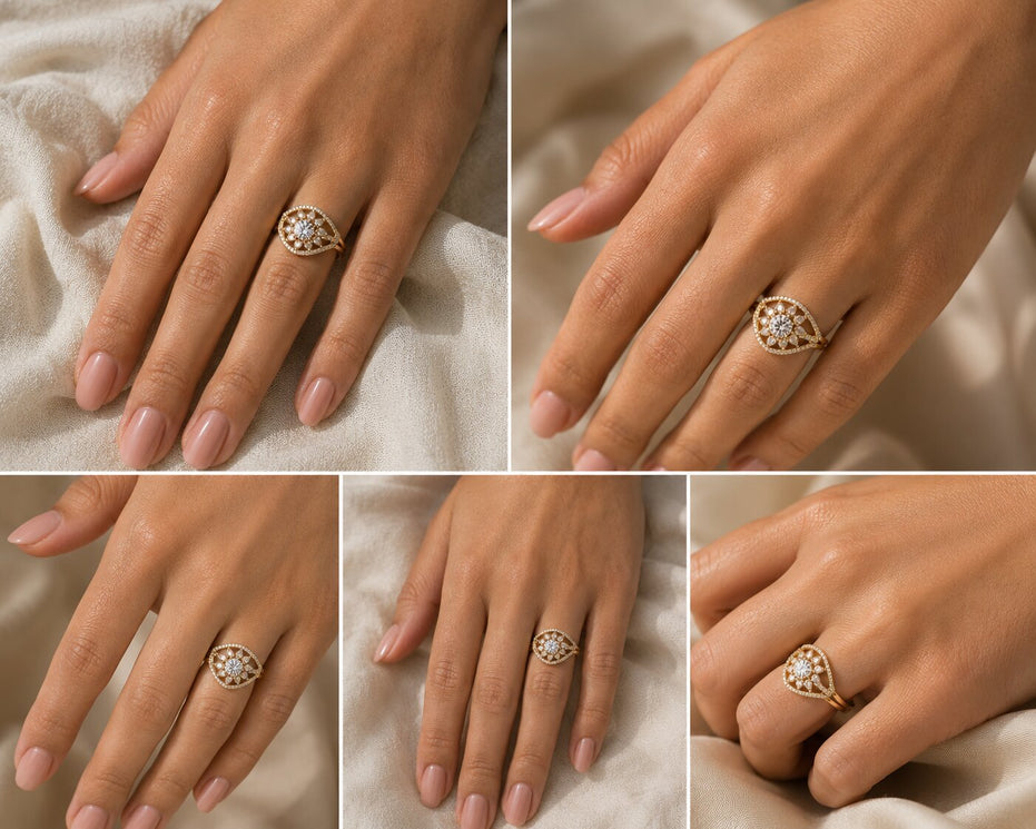 Gold Plated Crystal Stone Work with Intricate Floral Openwork Pattern Designer Statement Ring ,