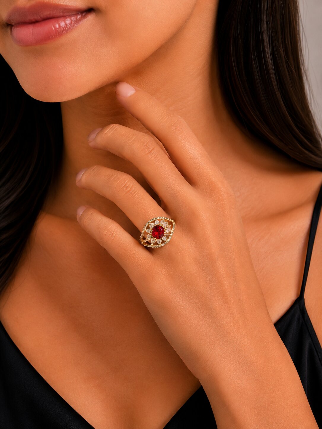 Gold Plated Crystal Stone Work with Intricate Floral Openwork Pattern Designer Statement Ring ,