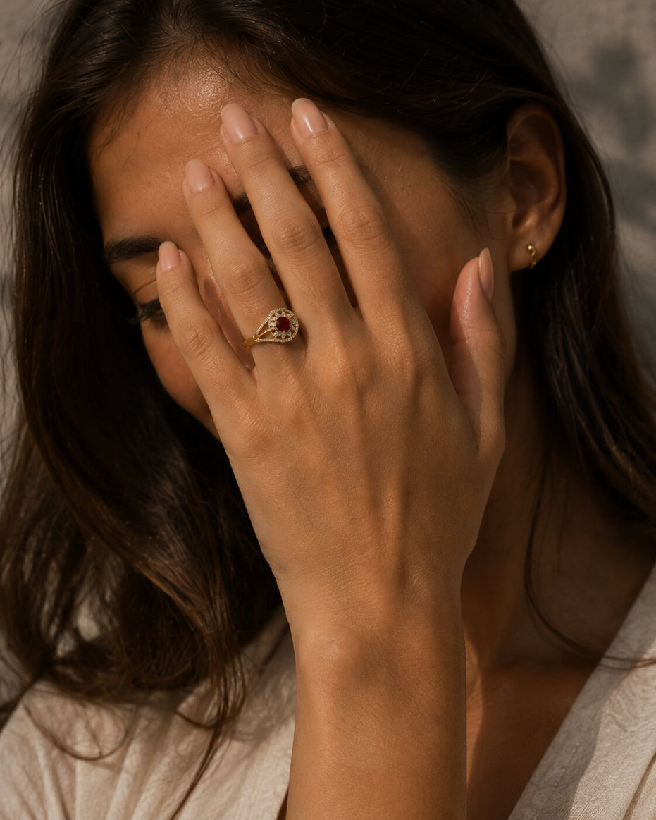 Gold Plated Crystal Stone Work with Intricate Floral Openwork Pattern Designer Statement Ring ,