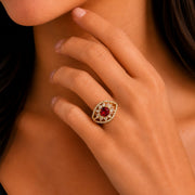 Gold Plated Crystal Stone Work with Intricate Floral Openwork Pattern Designer Statement Ring ,
