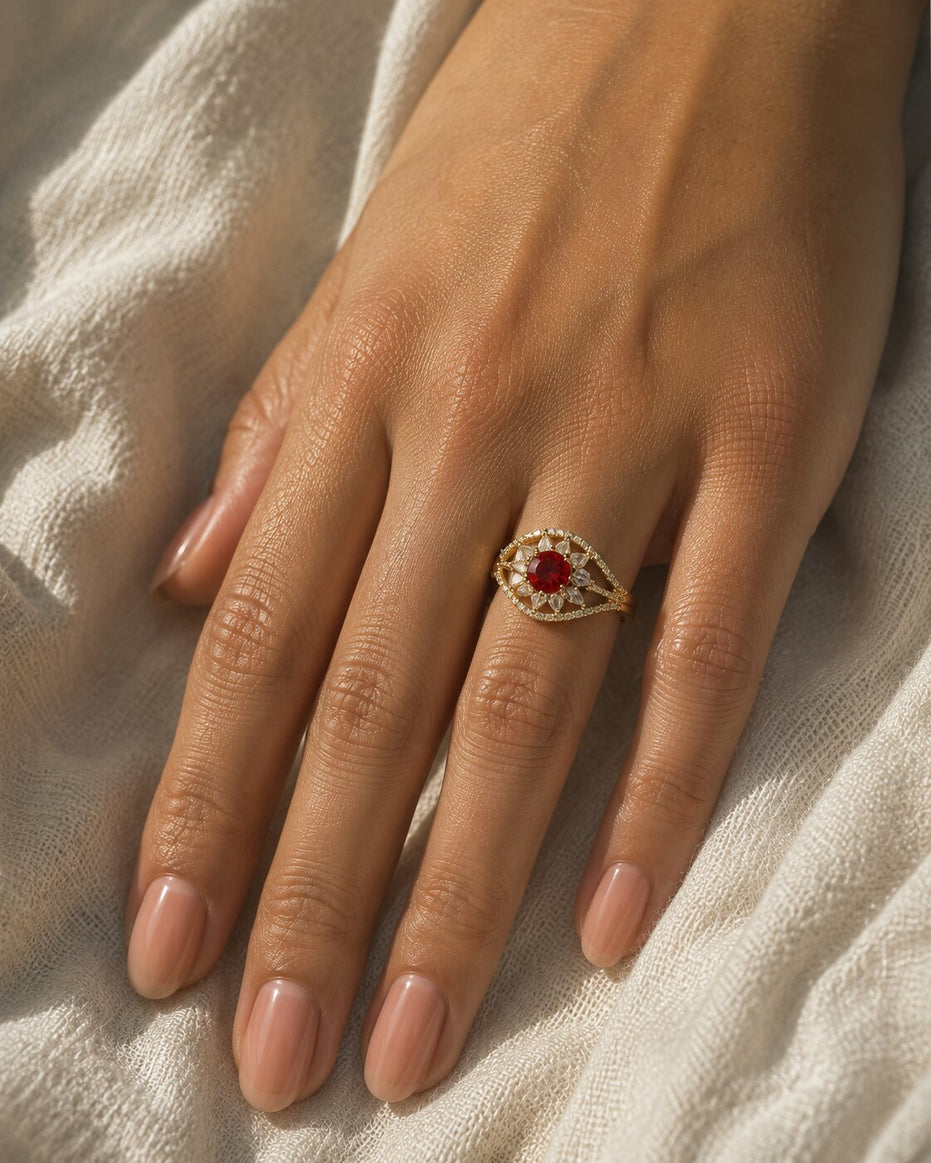 Gold Plated Crystal Stone Work with Intricate Floral Openwork Pattern Designer Statement Ring ,
