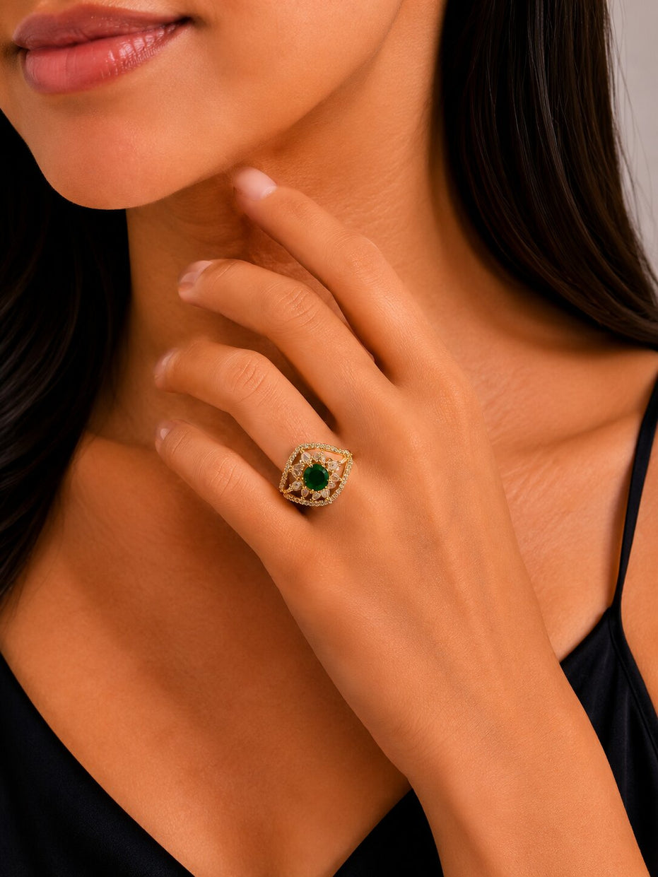 Gold Plated Crystal Stone Work with Intricate Floral Openwork Pattern Designer Statement Ring ,
