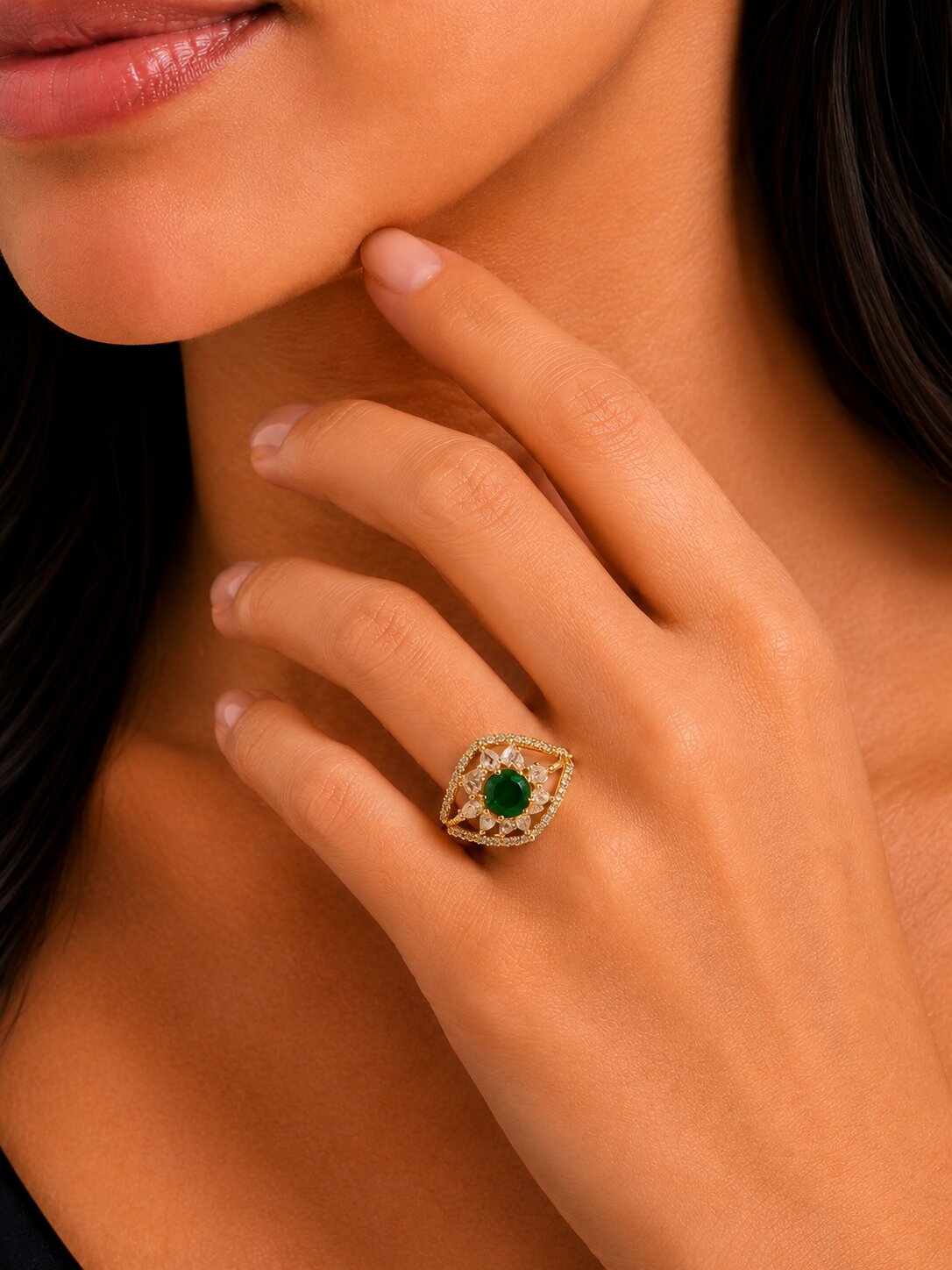 Gold Plated Crystal Stone Work with Intricate Floral Openwork Pattern Designer Statement Ring ,