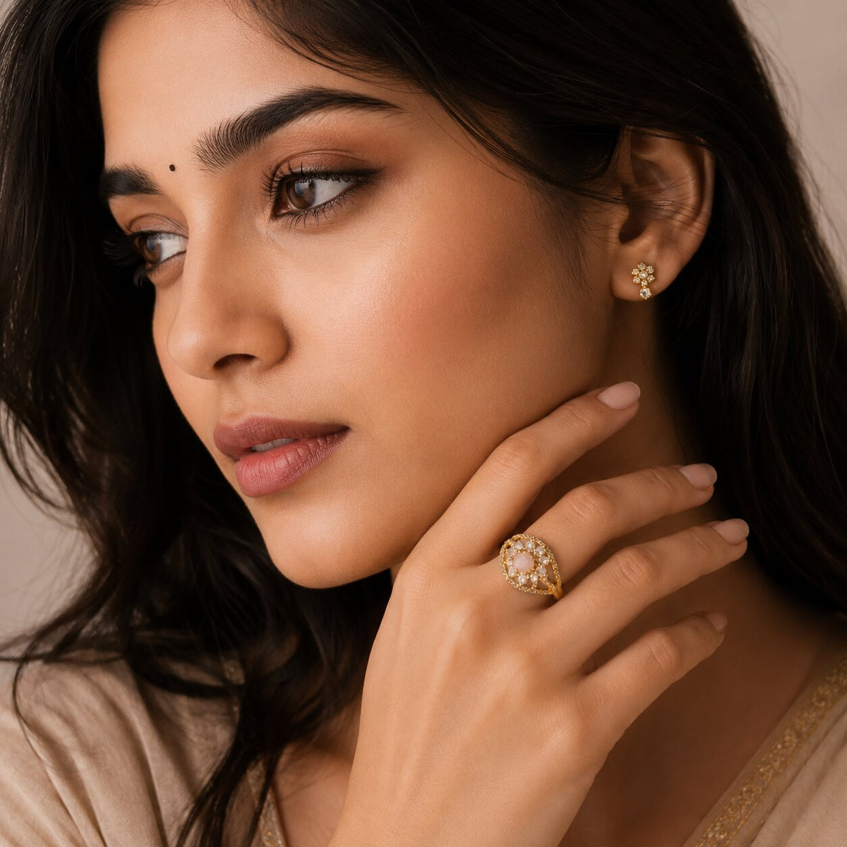 Gold Plated Crystal Stone Work with Intricate Floral Openwork Pattern Designer Statement Ring ,
