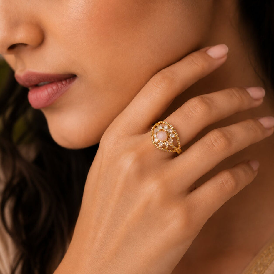 Gold Plated Crystal Stone Work with Intricate Floral Openwork Pattern Designer Statement Ring ,