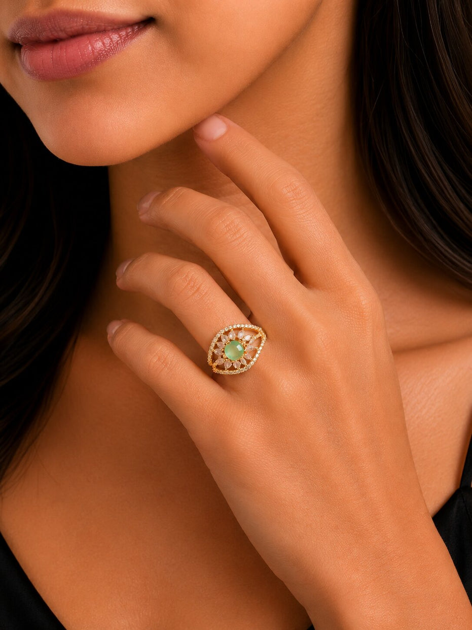 Gold Plated Crystal Stone Work with Intricate Floral Openwork Pattern Designer Statement Ring ,