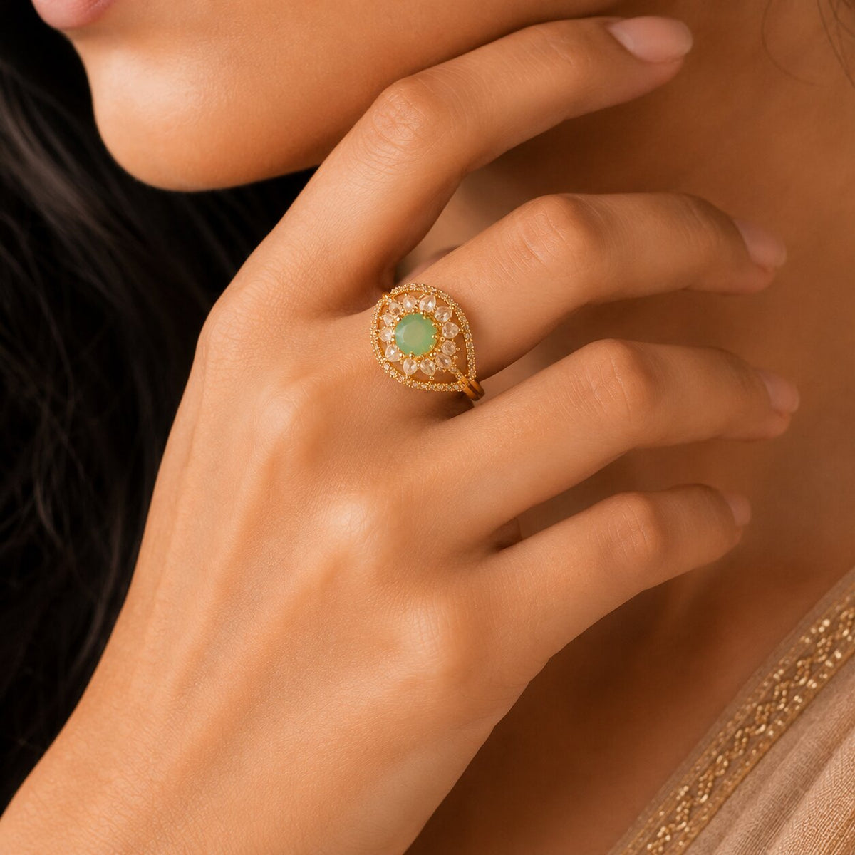 Gold Plated Crystal Stone Work with Intricate Floral Openwork Pattern Designer Statement Ring ,
