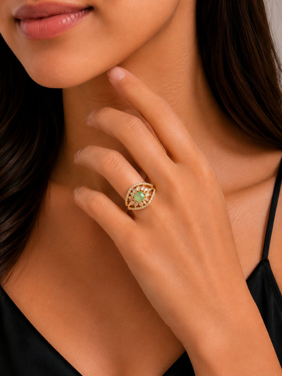 Gold Plated Crystal Stone Work with Intricate Floral Openwork Pattern Designer Statement Ring ,