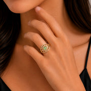 Gold Plated Crystal Stone Work with Intricate Floral Openwork Pattern Designer Statement Ring ,