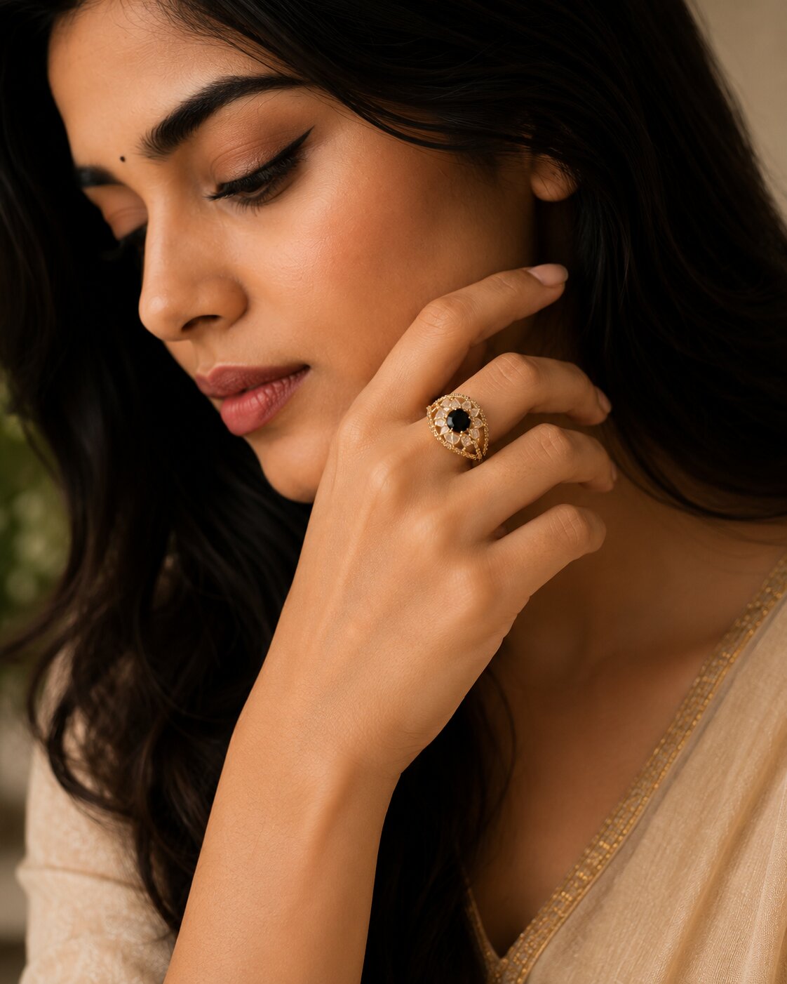 Gold Plated Crystal Stone Work with Intricate Floral Openwork Pattern Designer Statement Ring ,