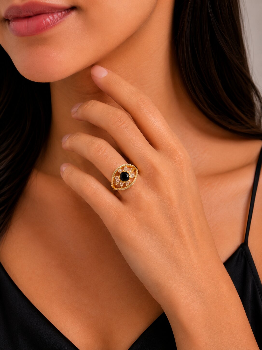 Gold Plated Crystal Stone Work with Intricate Floral Openwork Pattern Designer Statement Ring ,