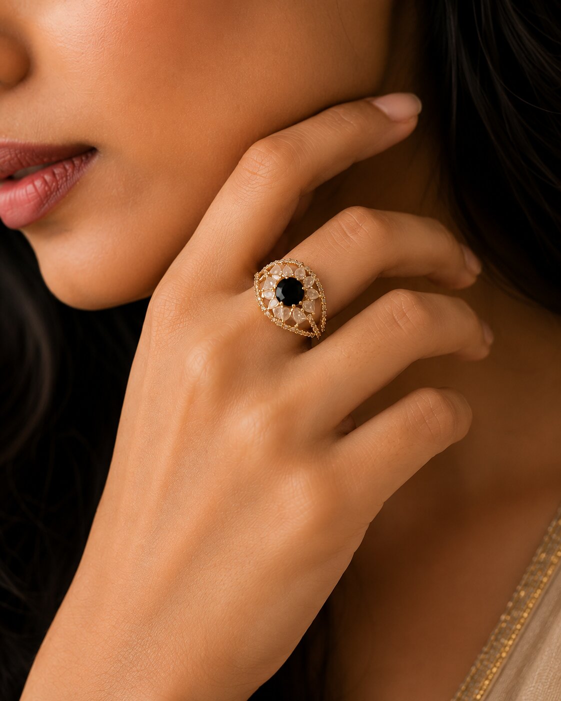 Gold Plated Crystal Stone Work with Intricate Floral Openwork Pattern Designer Statement Ring ,