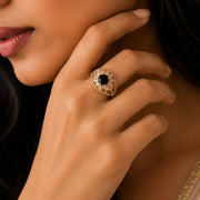 Gold Plated Crystal Stone Work with Intricate Floral Openwork Pattern Designer Statement Ring ,