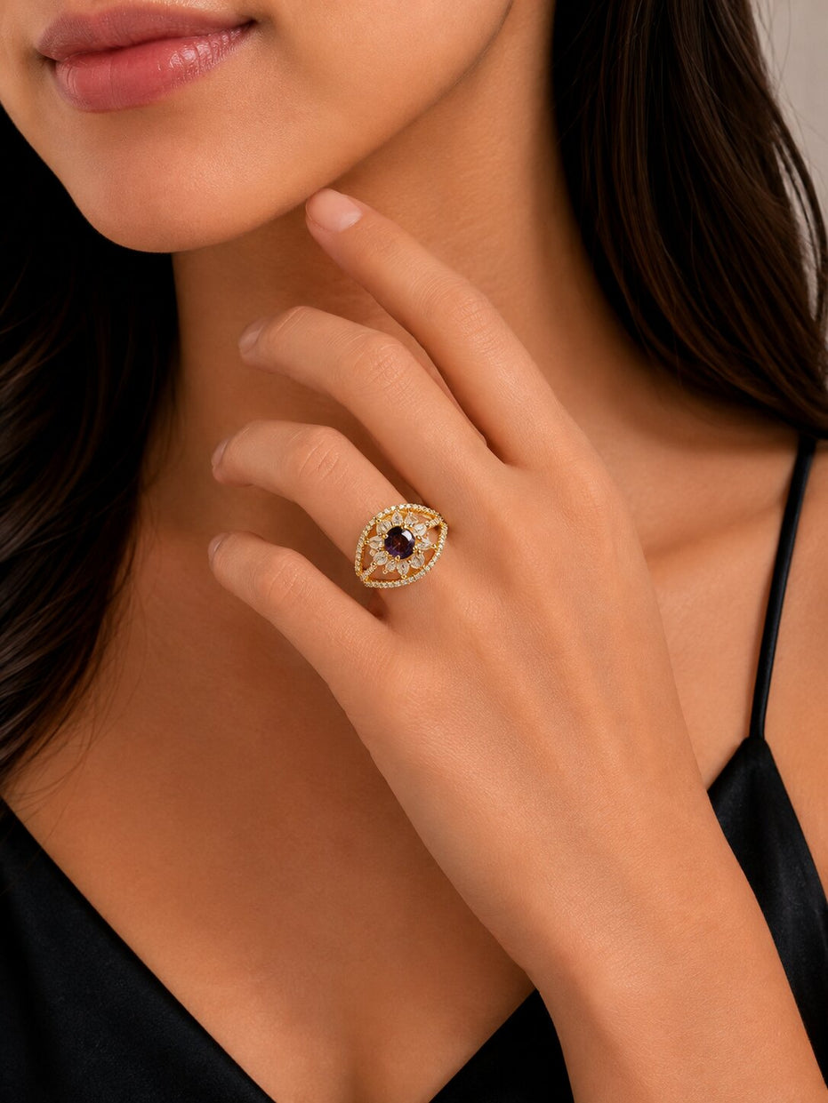 Gold Plated Crystal Stone Work with Intricate Floral Openwork Pattern Designer Statement Ring ,