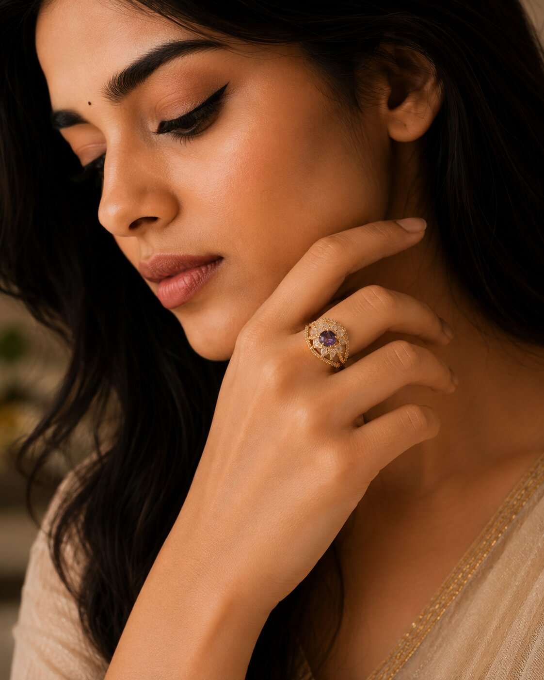 Gold Plated Crystal Stone Work with Intricate Floral Openwork Pattern Designer Statement Ring ,