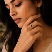 Gold Plated Crystal Stone Work with Intricate Floral Openwork Pattern Designer Statement Ring ,