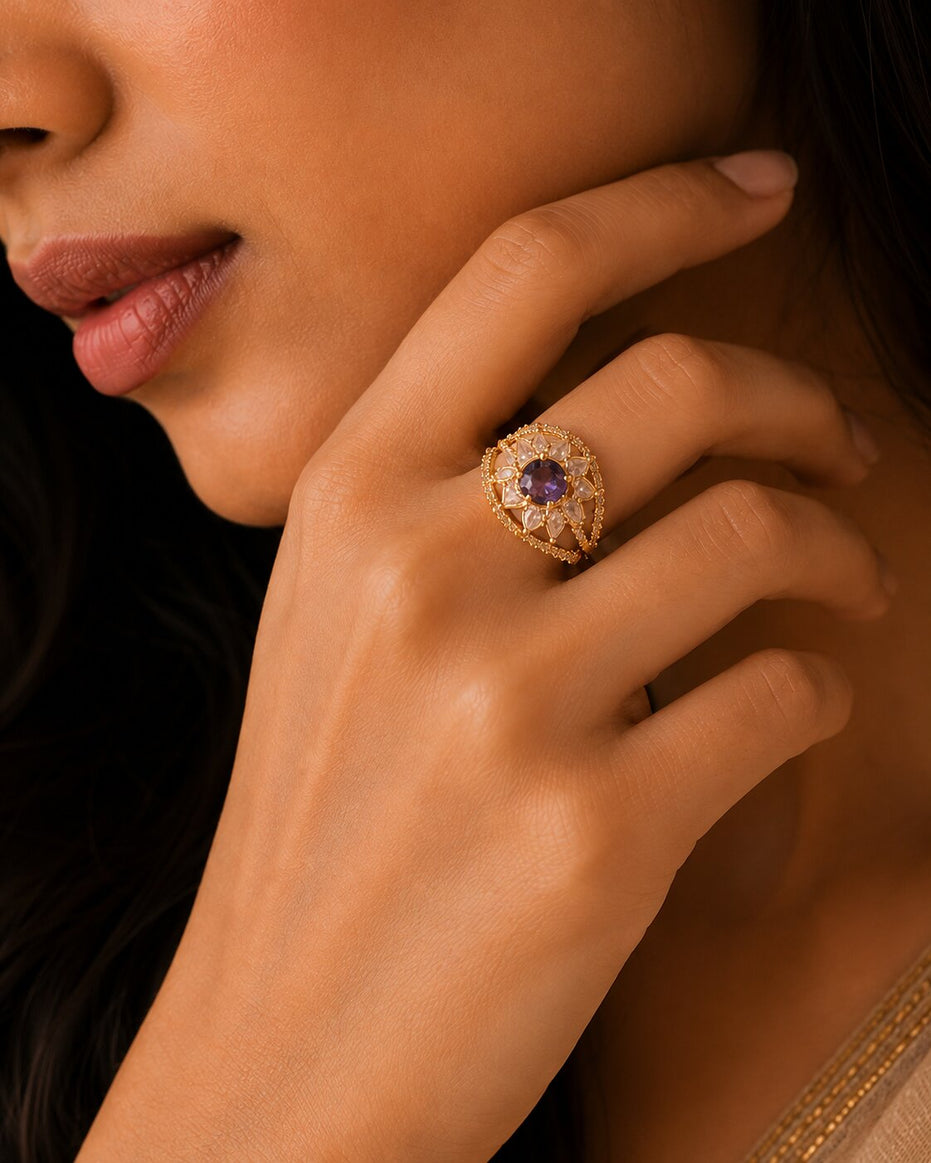 Gold Plated Crystal Stone Work with Intricate Floral Openwork Pattern Designer Statement Ring ,
