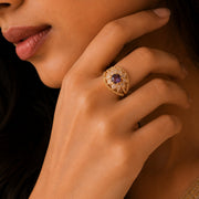 Gold Plated Crystal Stone Work with Intricate Floral Openwork Pattern Designer Statement Ring ,