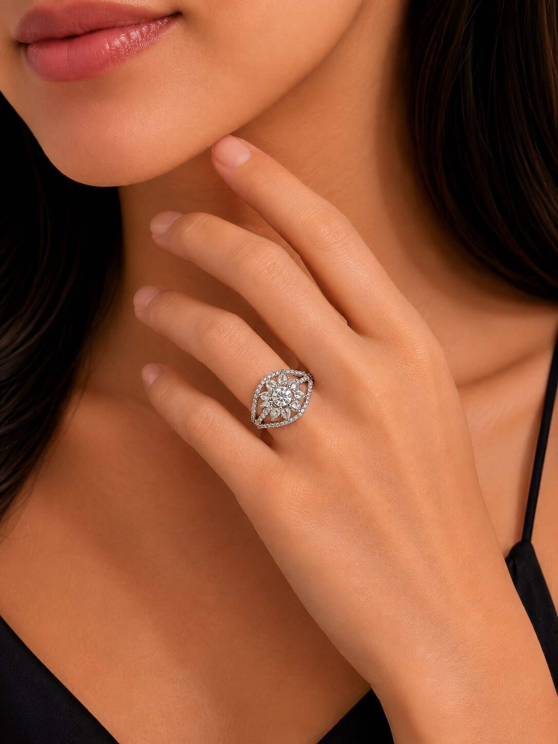Rhodium Plated Floral Stone Work with Intricate Openwork Pattern Designer Statement Ring
