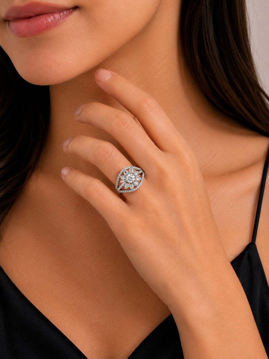 Rhodium Plated Floral Stone Work with Intricate Openwork Pattern Designer Statement Ring