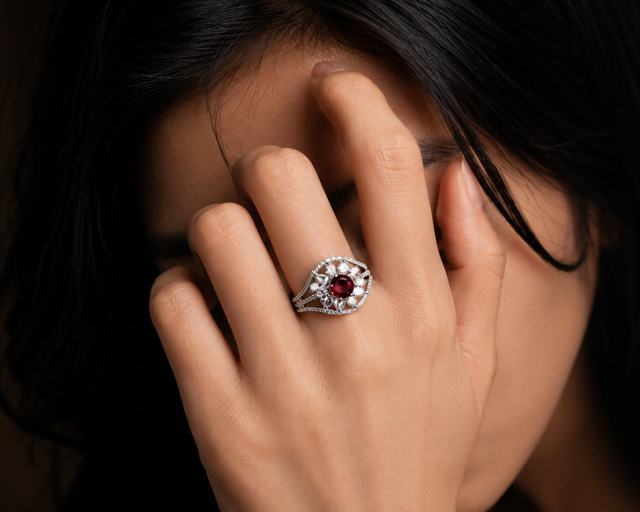 Rhodium Plated Floral Stone Work with Intricate Openwork Pattern Designer Statement Ring