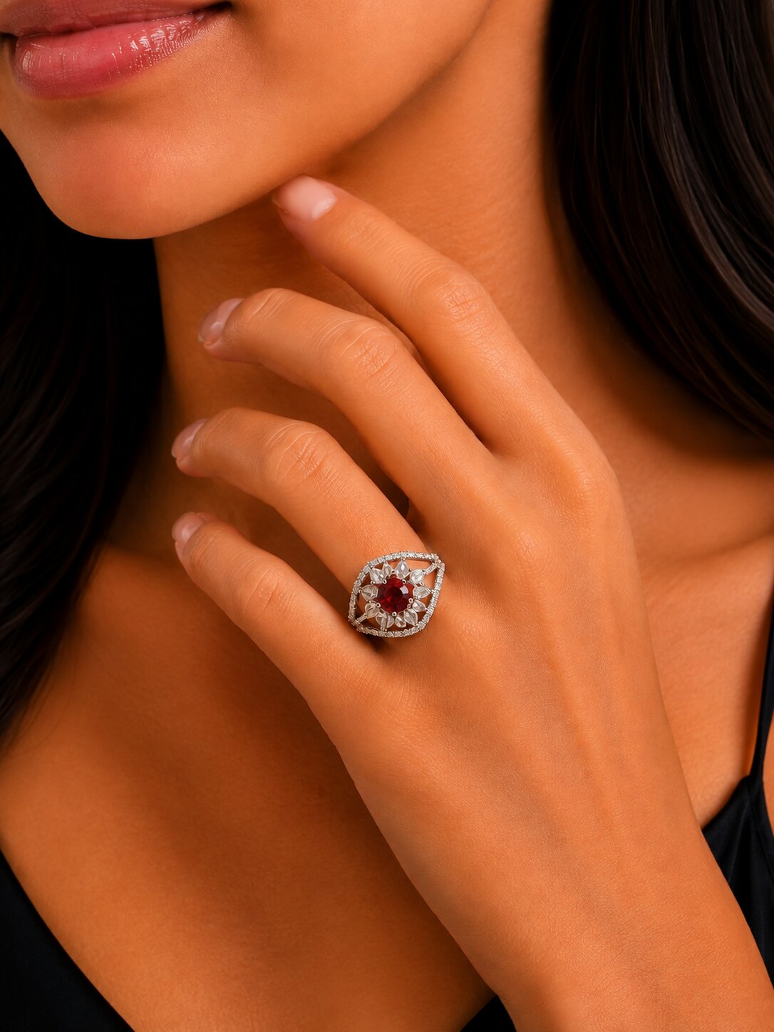 Rhodium Plated Floral Stone Work with Intricate Openwork Pattern Designer Statement Ring