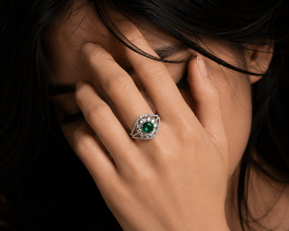 Rhodium Plated Floral Stone Work with Intricate Openwork Pattern Designer Statement Ring