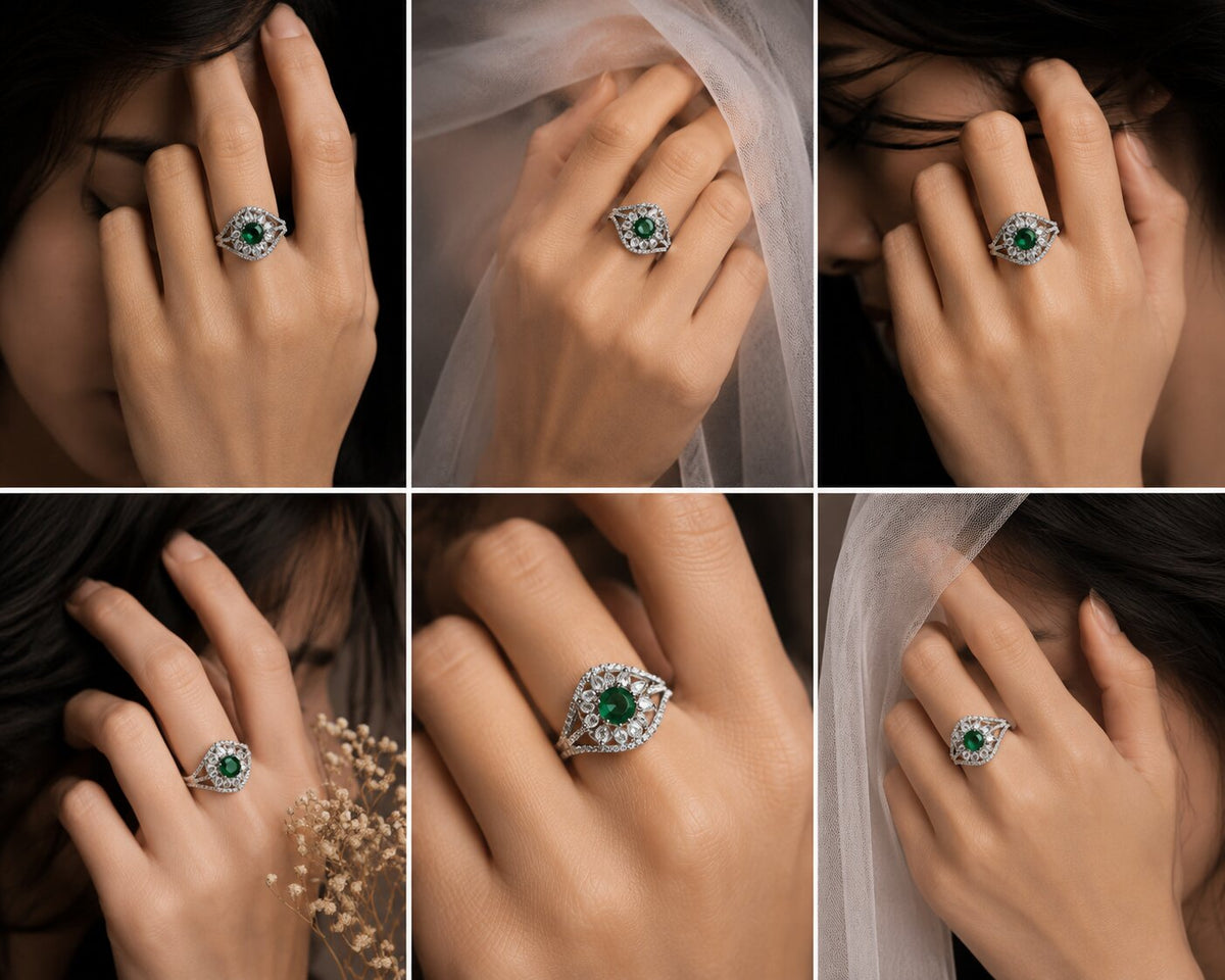 Rhodium Plated Floral Stone Work with Intricate Openwork Pattern Designer Statement Ring