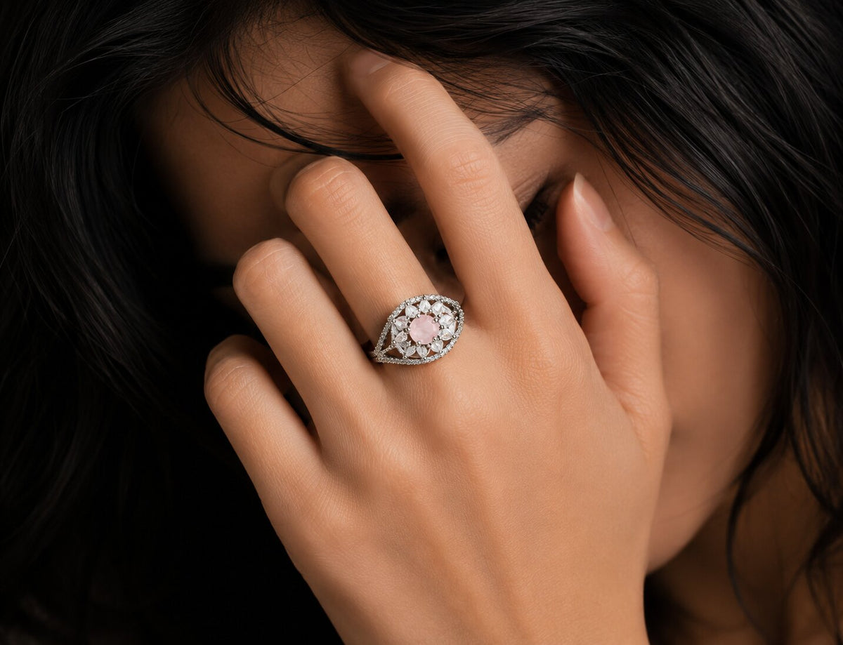 Rhodium Plated Floral Stone Work with Intricate Openwork Pattern Designer Statement Ring