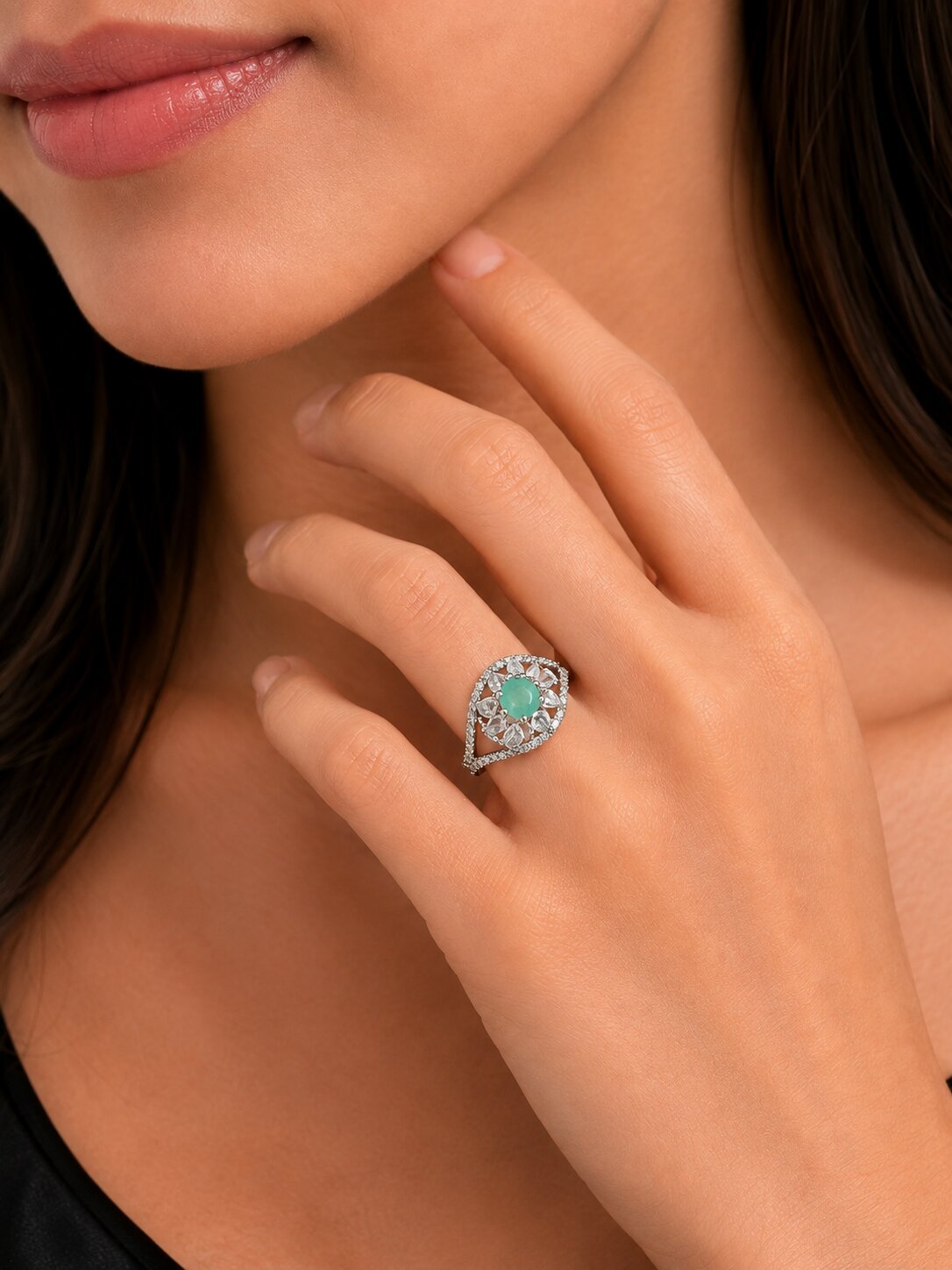 Rhodium Plated Floral Stone Work with Intricate Openwork Pattern Designer Statement Ring