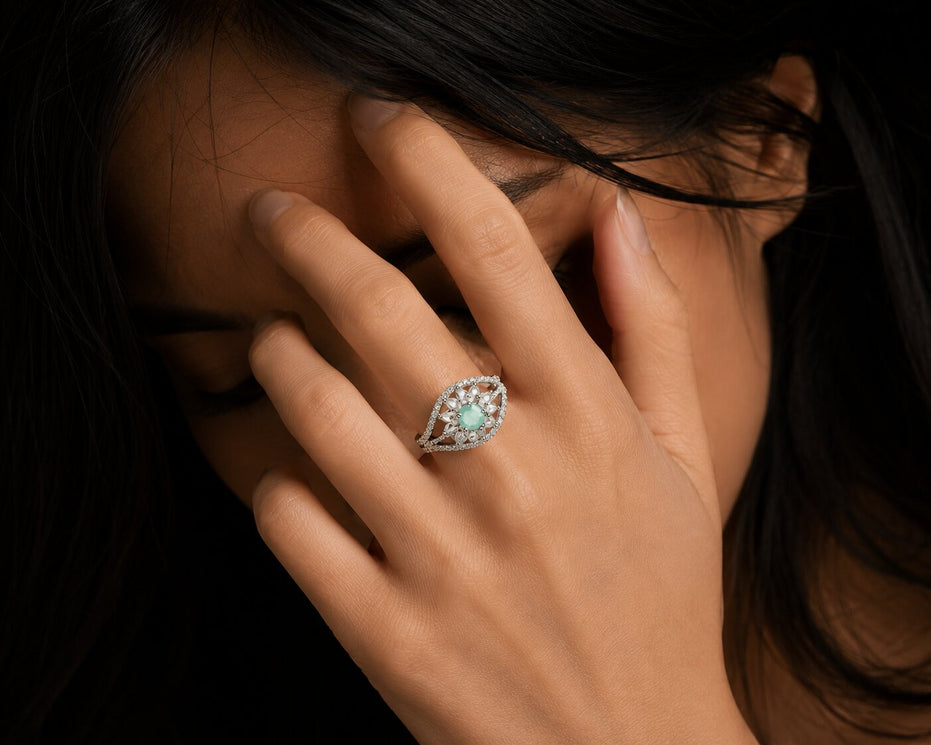 Rhodium Plated Floral Stone Work with Intricate Openwork Pattern Designer Statement Ring
