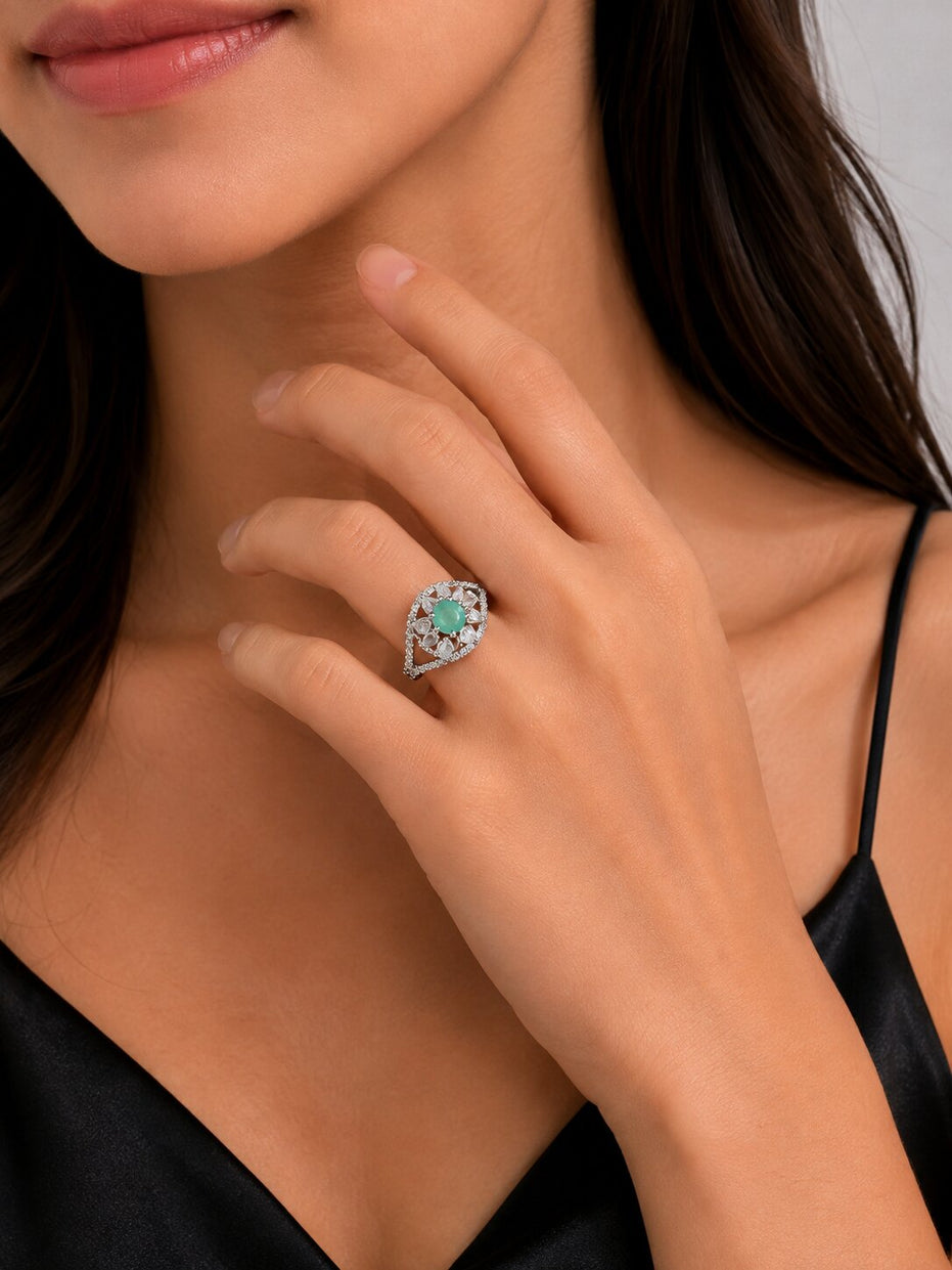 Rhodium Plated Floral Stone Work with Intricate Openwork Pattern Designer Statement Ring