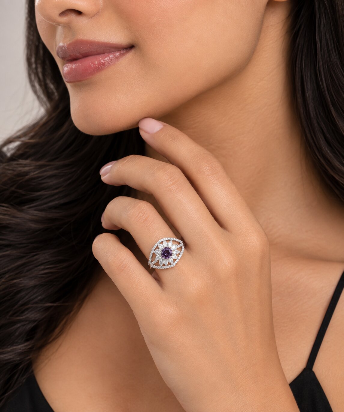 Rhodium Plated Floral Stone Work with Intricate Openwork Pattern Designer Statement Ring