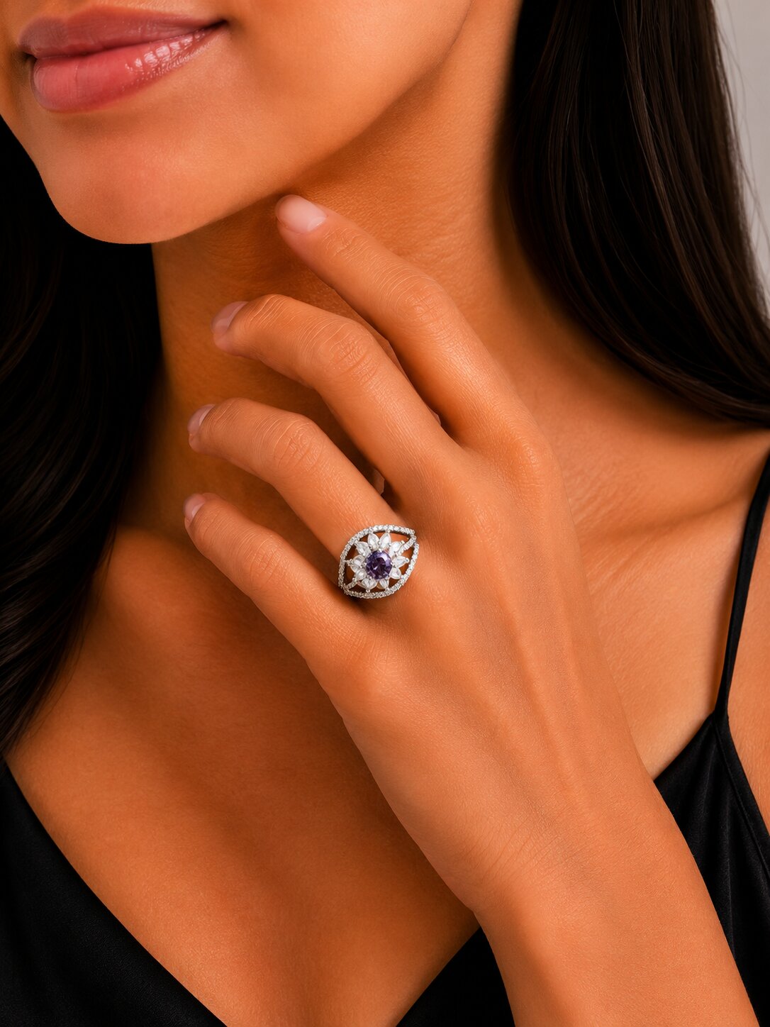 Rhodium Plated Floral Stone Work with Intricate Openwork Pattern Designer Statement Ring