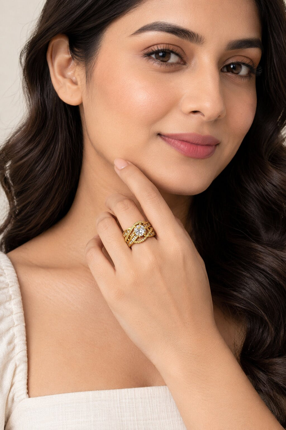 Gold Plated Round Centre Stone & Baguette Stone Work with Criss Cross Band Patter Designer Statement Ring