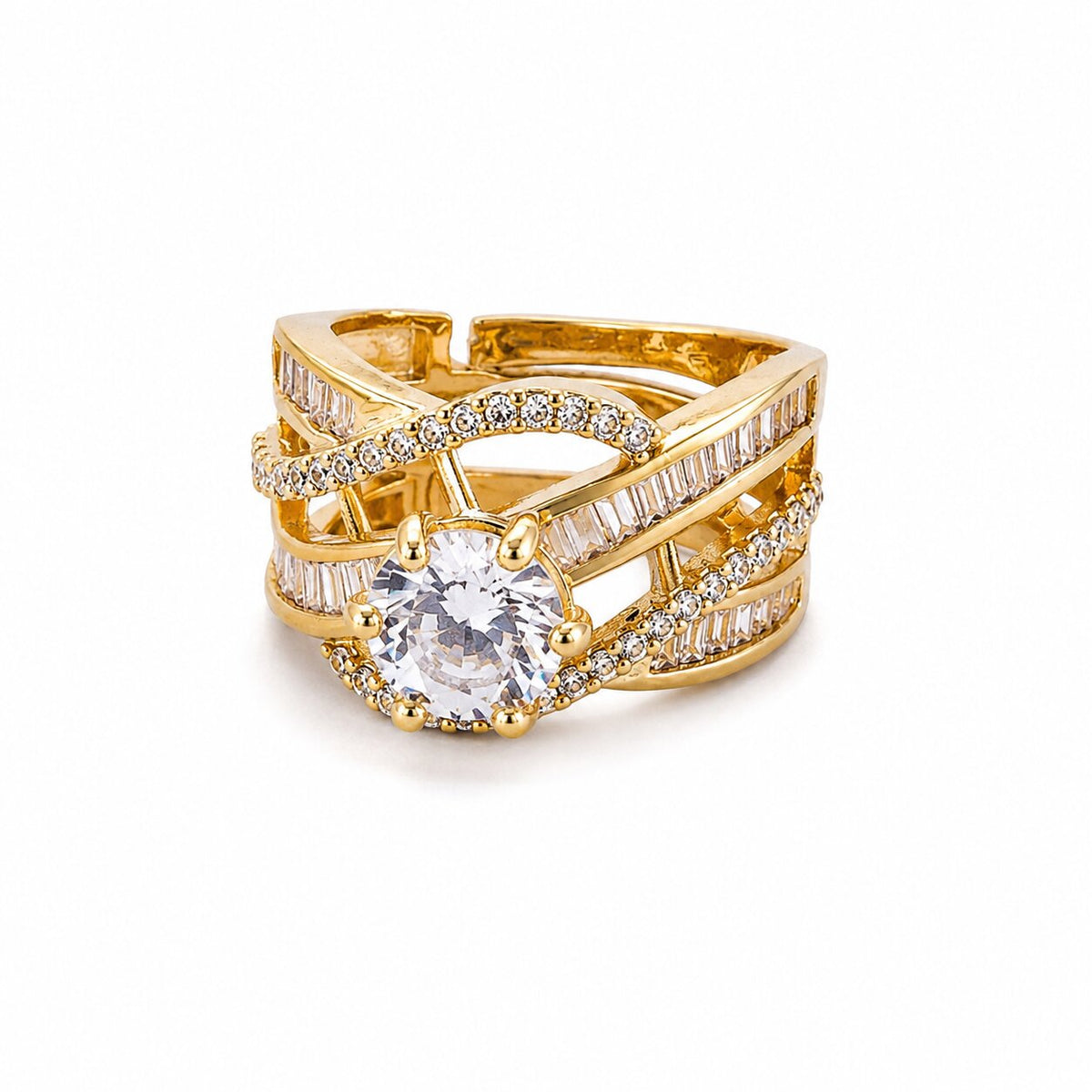 Gold Plated Round Centre Stone & Baguette Stone Work with Criss Cross Band Patter Designer Statement Ring