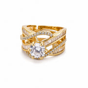 Gold Plated Round Centre Stone & Baguette Stone Work with Criss Cross Band Patter Designer Statement Ring