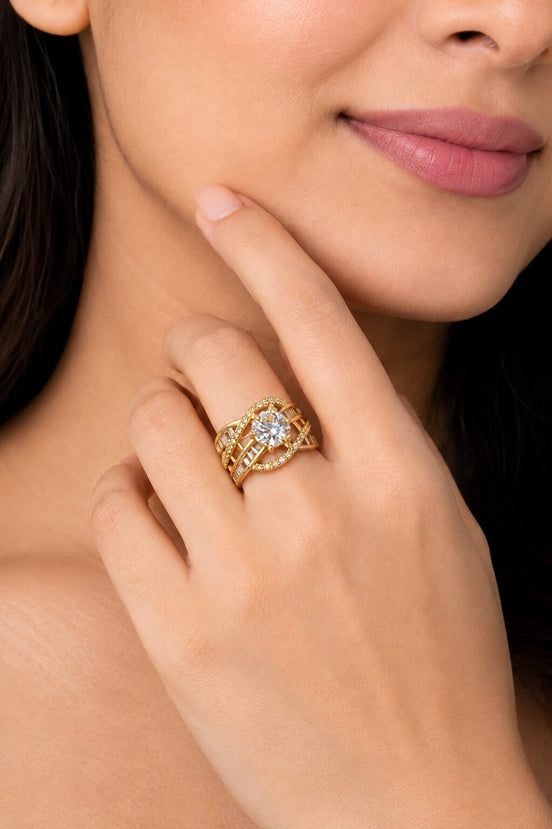 Gold Plated Round Centre Stone & Baguette Stone Work with Criss Cross Band Patter Designer Statement Ring