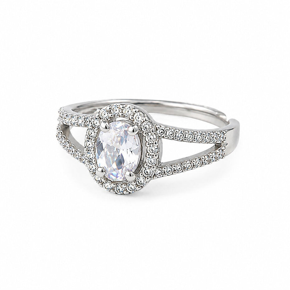 Rhodium Plated American Diamond with Oval Center Stone & Halo Openwork Pattern Ring