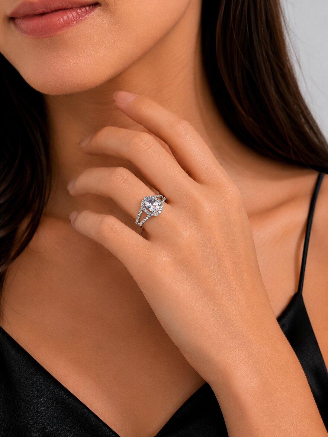 Rhodium Plated American Diamond with Oval Center Stone & Halo Openwork Pattern Ring