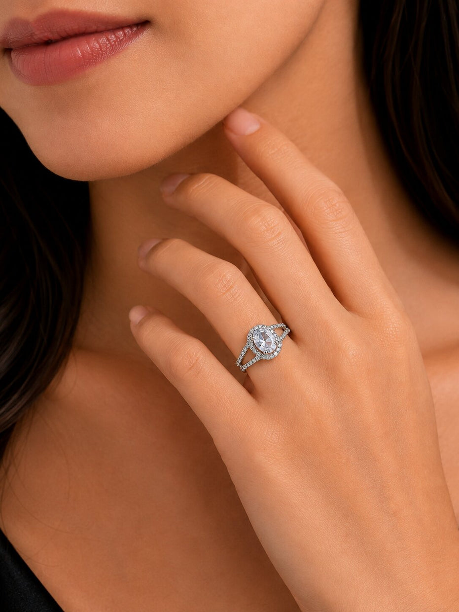 Rhodium Plated American Diamond with Oval Center Stone & Halo Openwork Pattern Ring